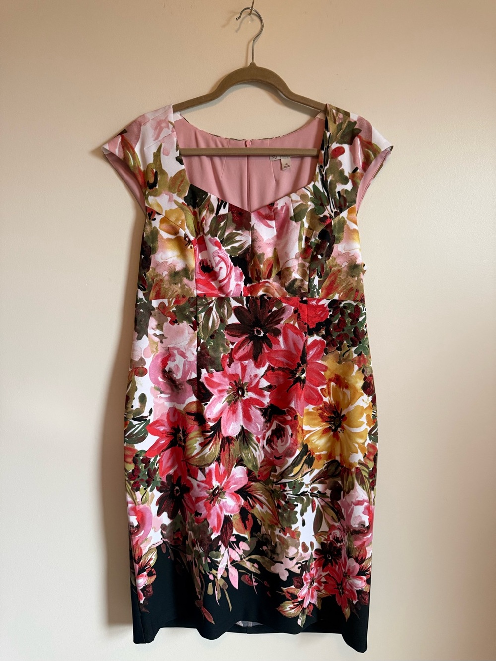 Christopher & Banks Pink Floral Midi Dress with Green and Yellow Details